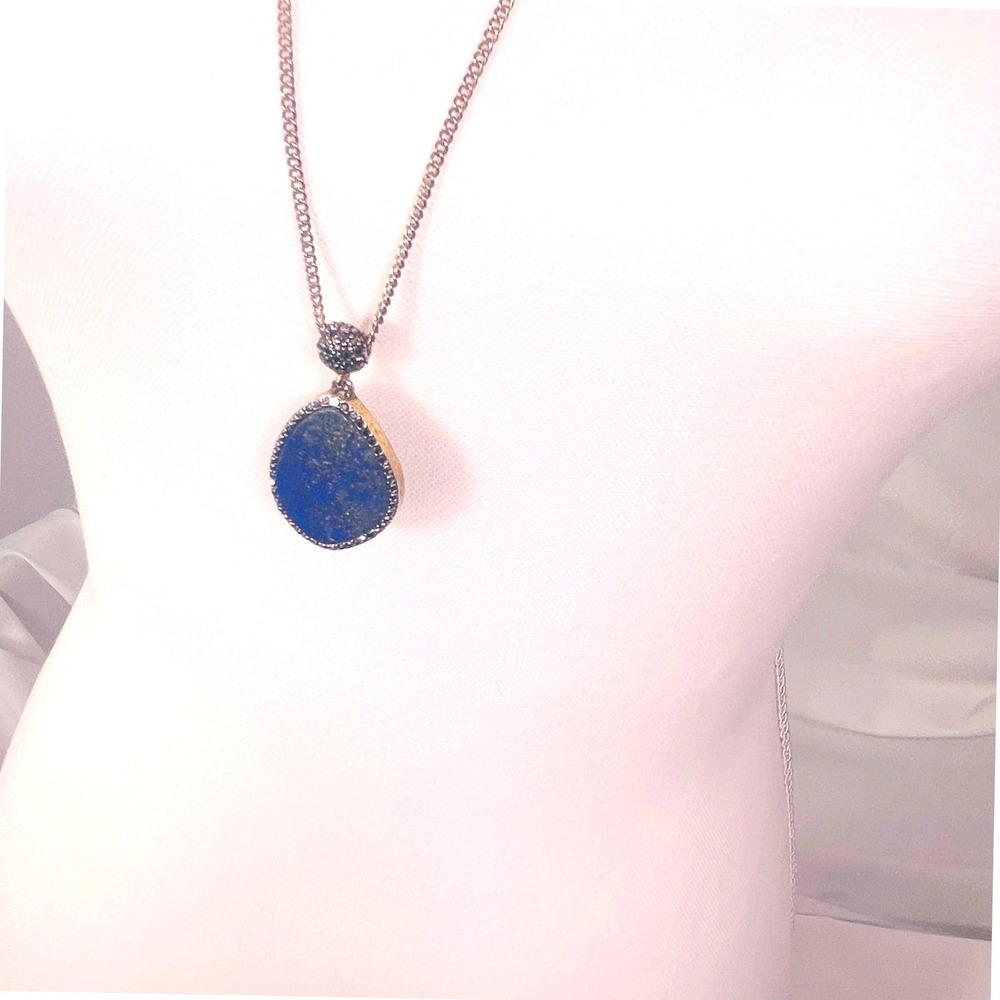 Vintage Lapis Lazuli Teardrop Pendant Necklace Long Chain Blue Gold Fleck Boho - Picture 5 of 16